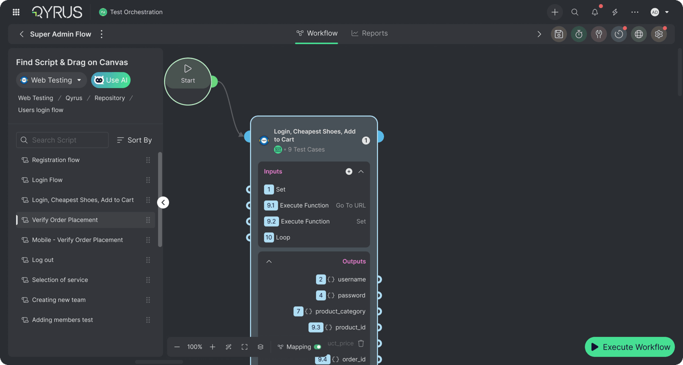 Test Orchestration canvas with a Start node connected to a Web script node showing its inputs and outputs