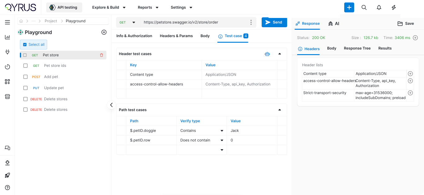 Qyrus MVP Playground with a configured request showing header and path test cases beside a live response and an AI tab
