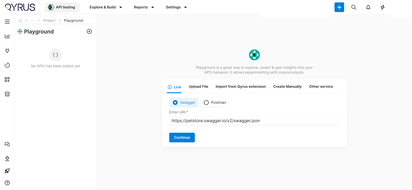 Qyrus MVP Playground empty state offering link, file upload, extension import, manual creation, and other-service options to add an API