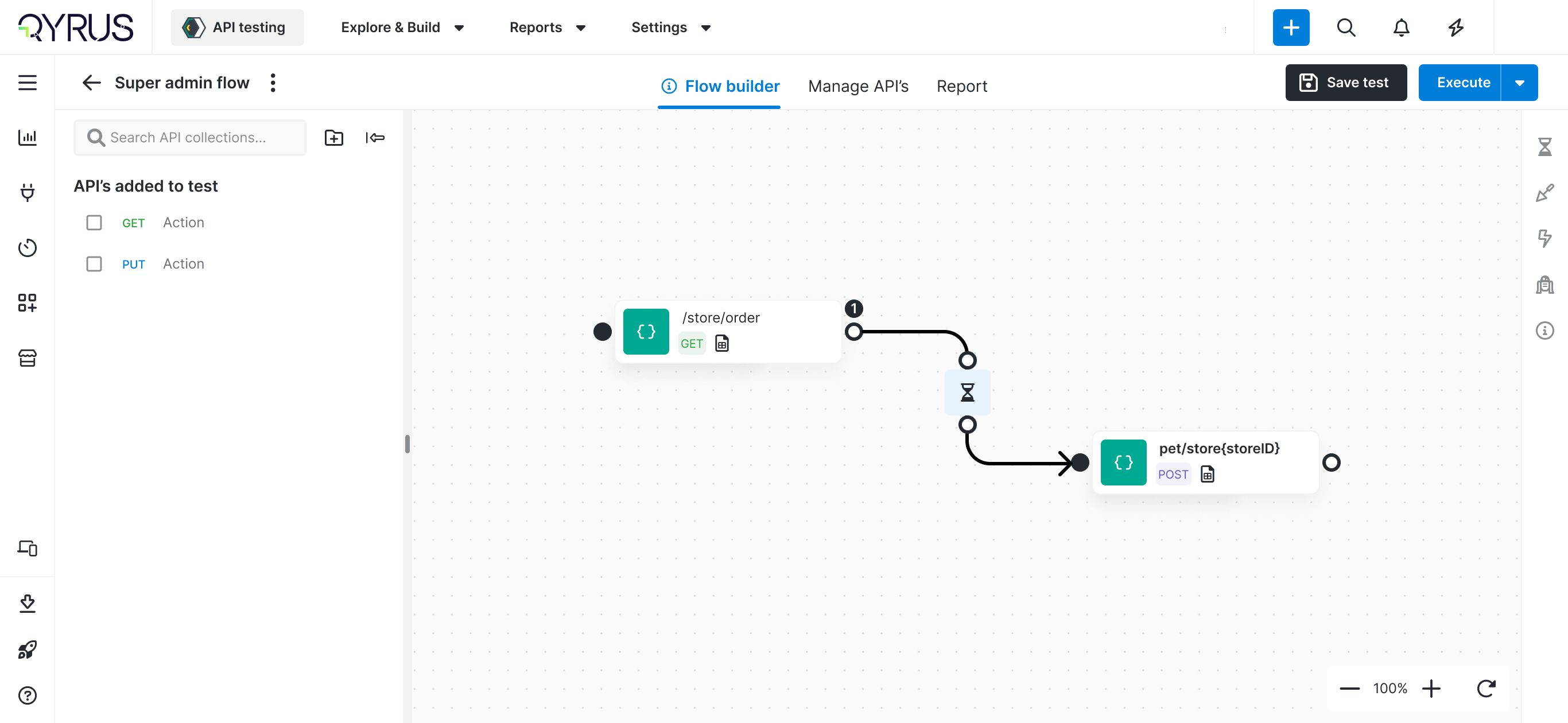 Qyrus MVP flow builder connecting a GET and POST request with a wait step on a drag-and-drop canvas
