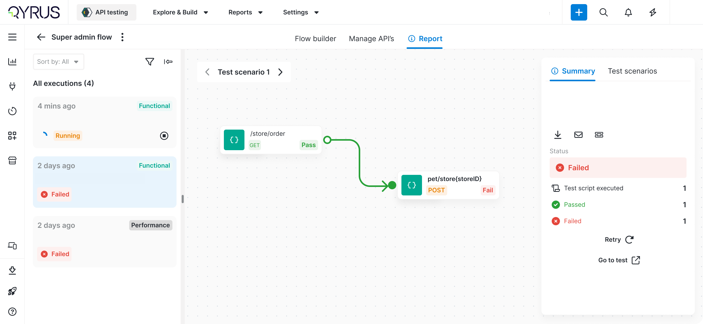 Qyrus MVP flow report showing execution history, a passed and failed step, and a run summary panel
