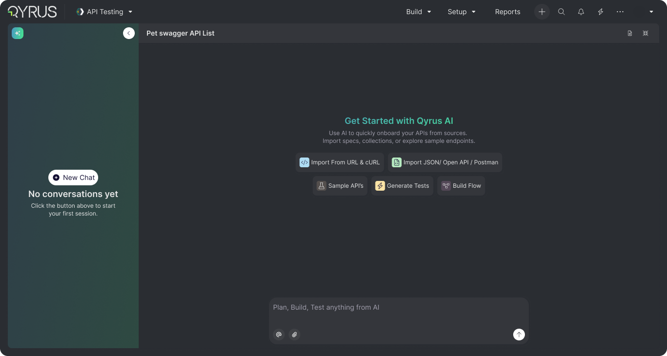 Qyrus AI publish-safe entry workspace with import, sample API, test generation, and flow-building actions