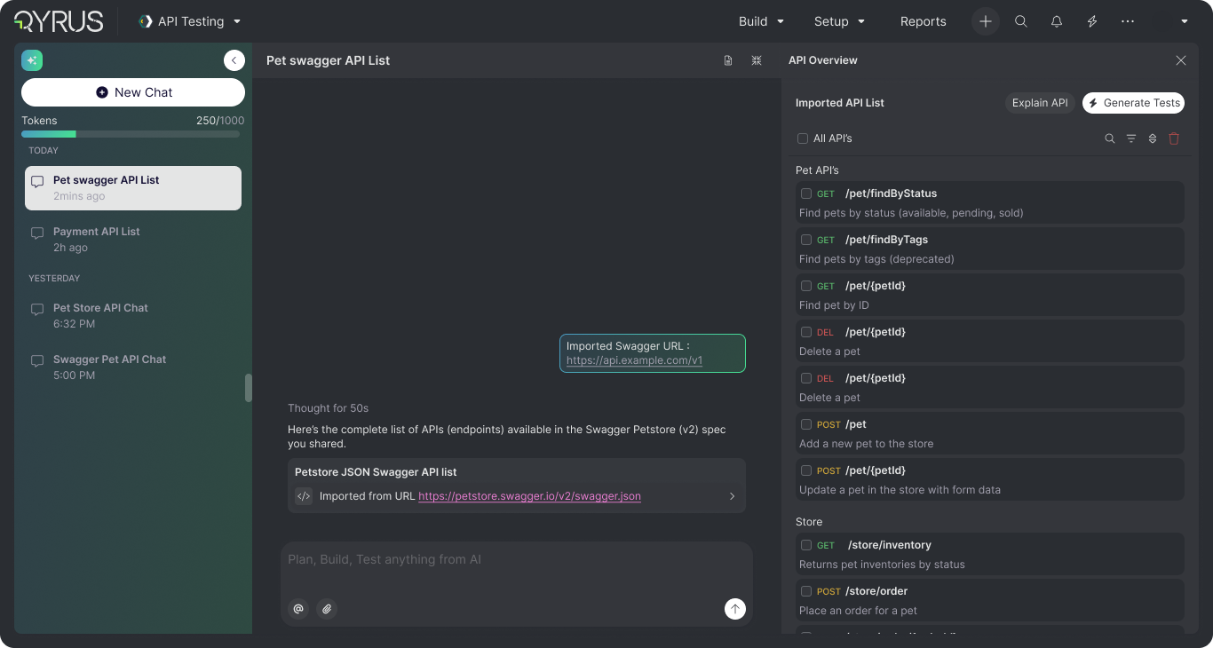 Qyrus AI workspace showing an imported API contract and its available endpoints