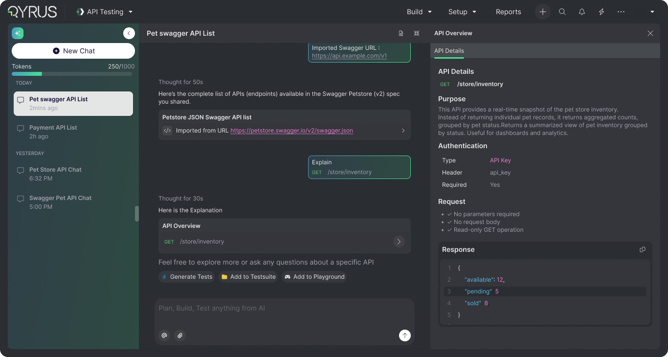 Qyrus AI publish-safe workspace explaining an endpoint and showing its request and response details