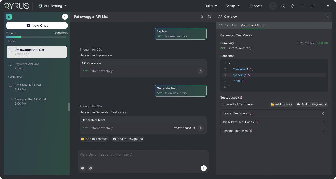 Qyrus AI workspace showing generated header, JSON path, and schema test cases beside the API response