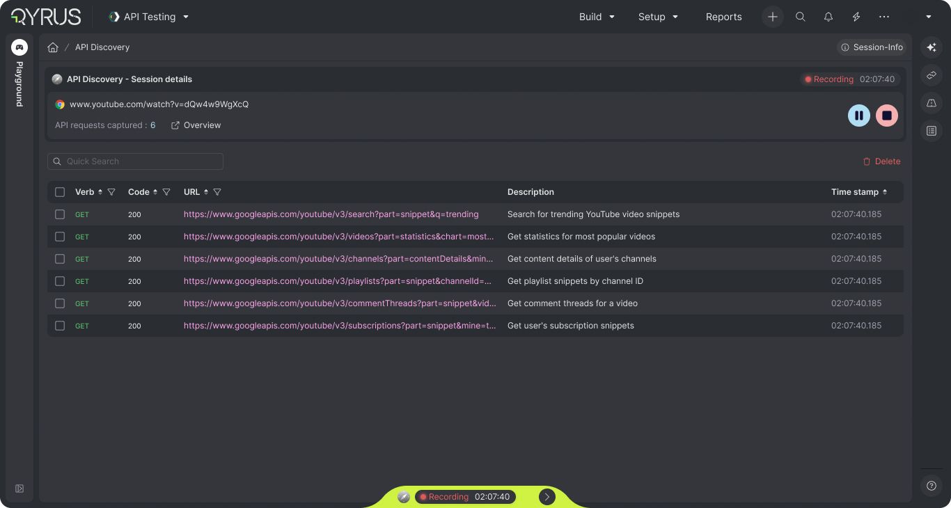 Qyrus API Discovery recording screen listing captured requests, methods, response codes, URLs, descriptions, and timestamps