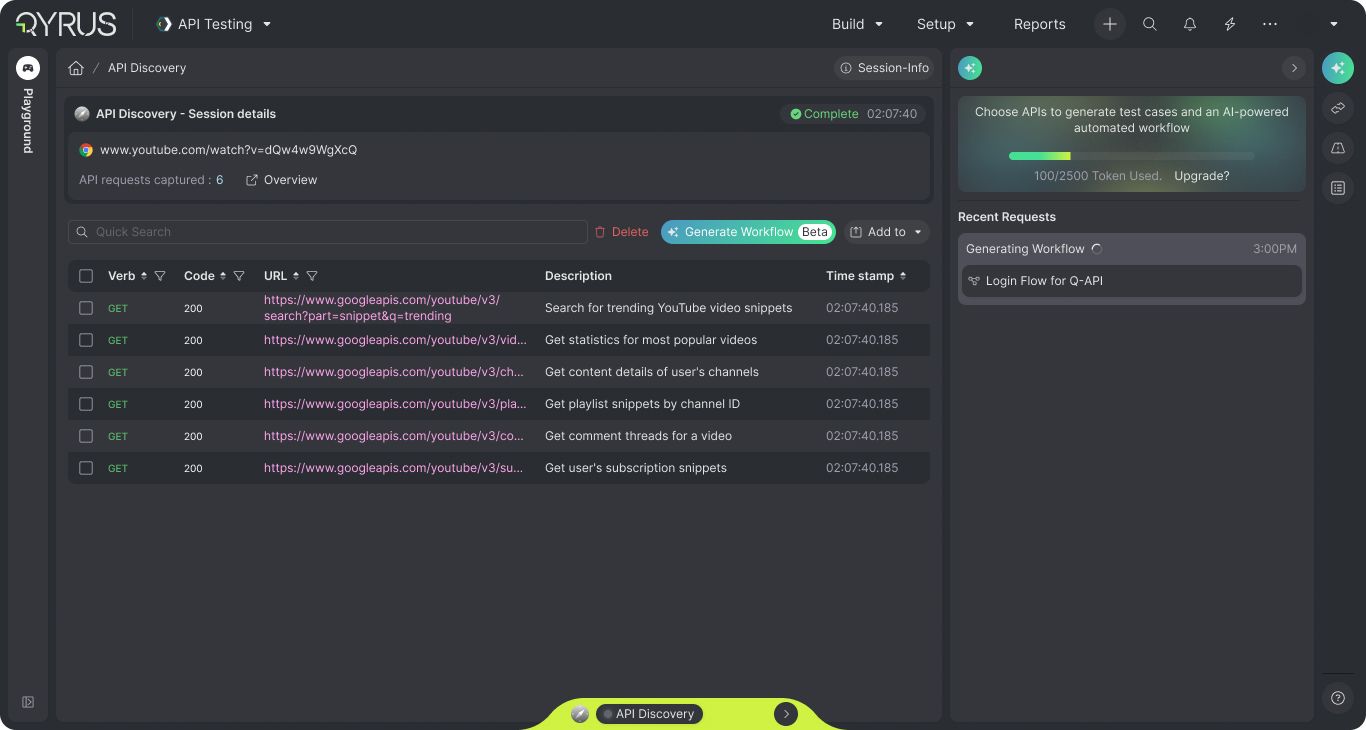 Qyrus API Discovery publish-safe completed session with captured requests and AI workflow generation