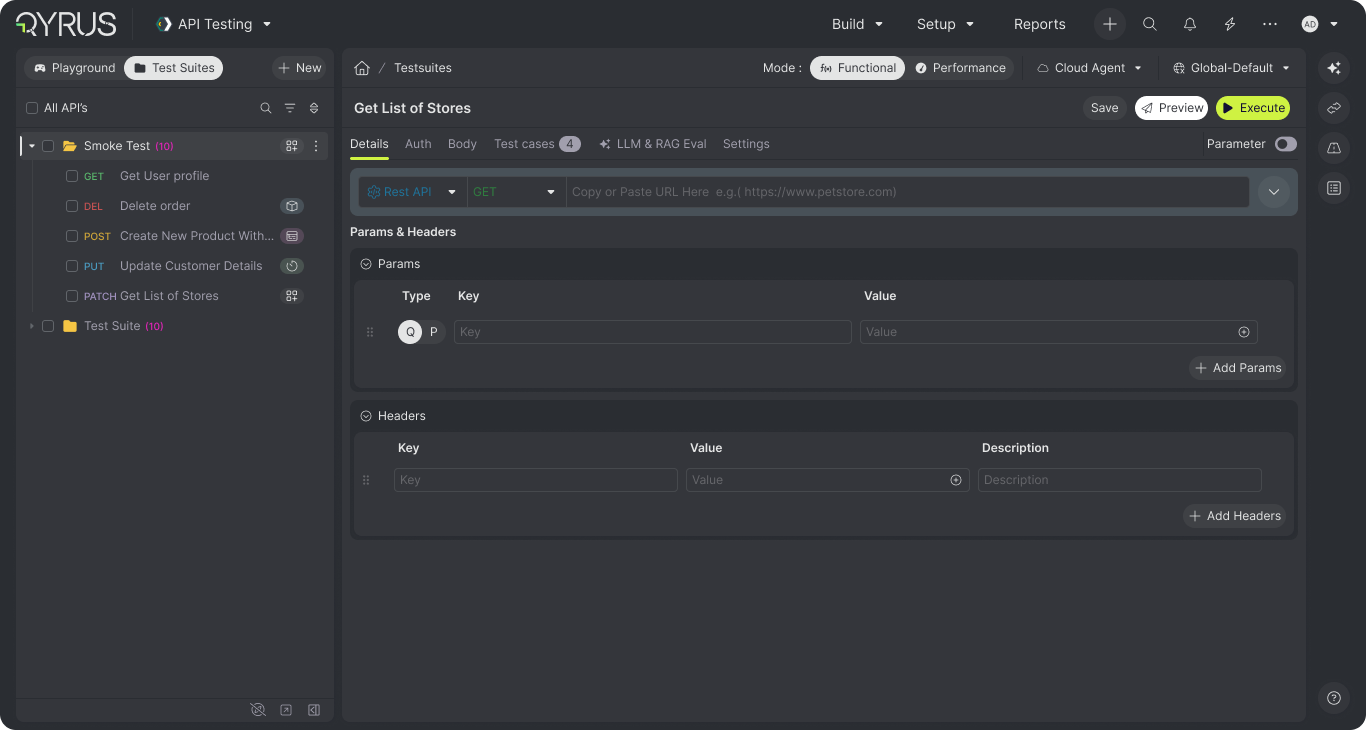 Qyrus test editor showing reusable parameters and request-data mapping for an API test