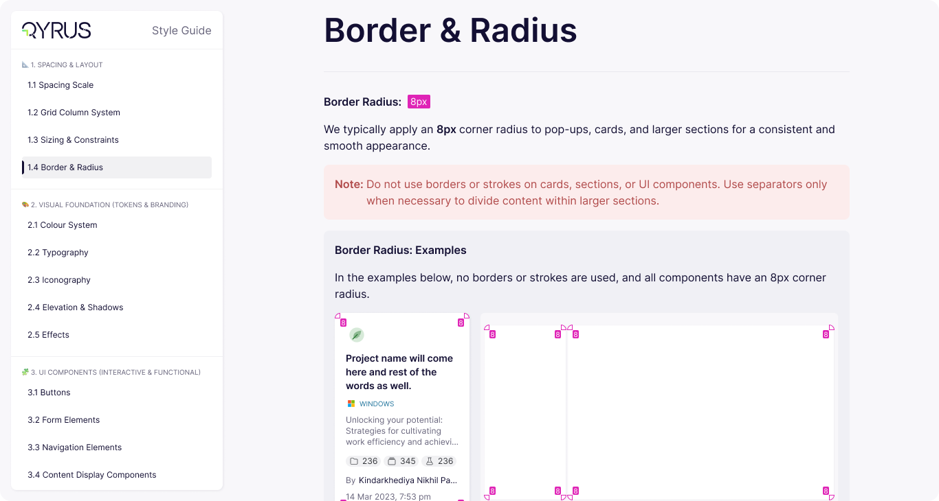 Qyrus Style Guide border and radius documentation showing an 8px corner radius applied to cards without strokes