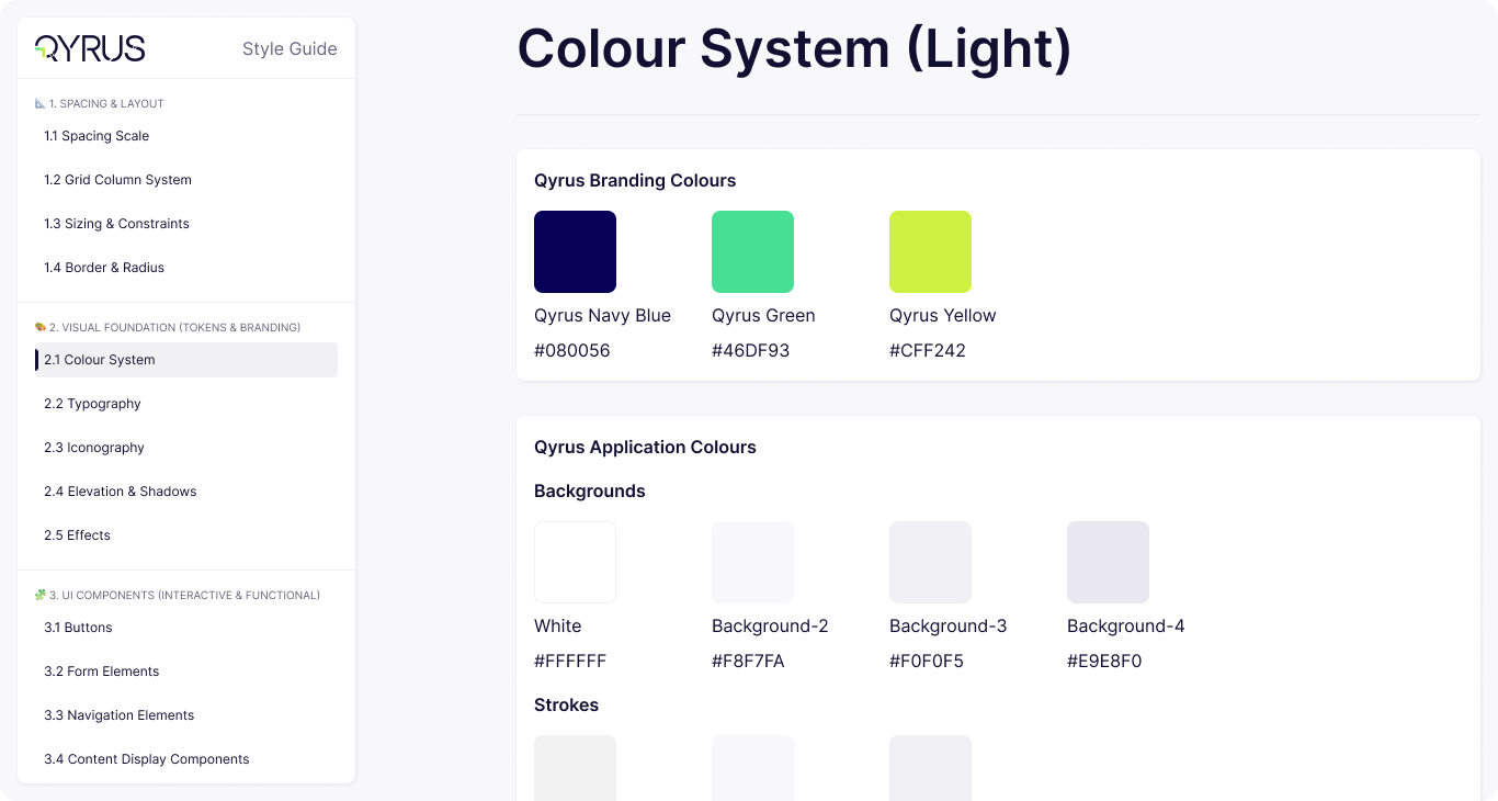 Qyrus Style Guide light-theme colour system showing branding colours and application backgrounds and strokes