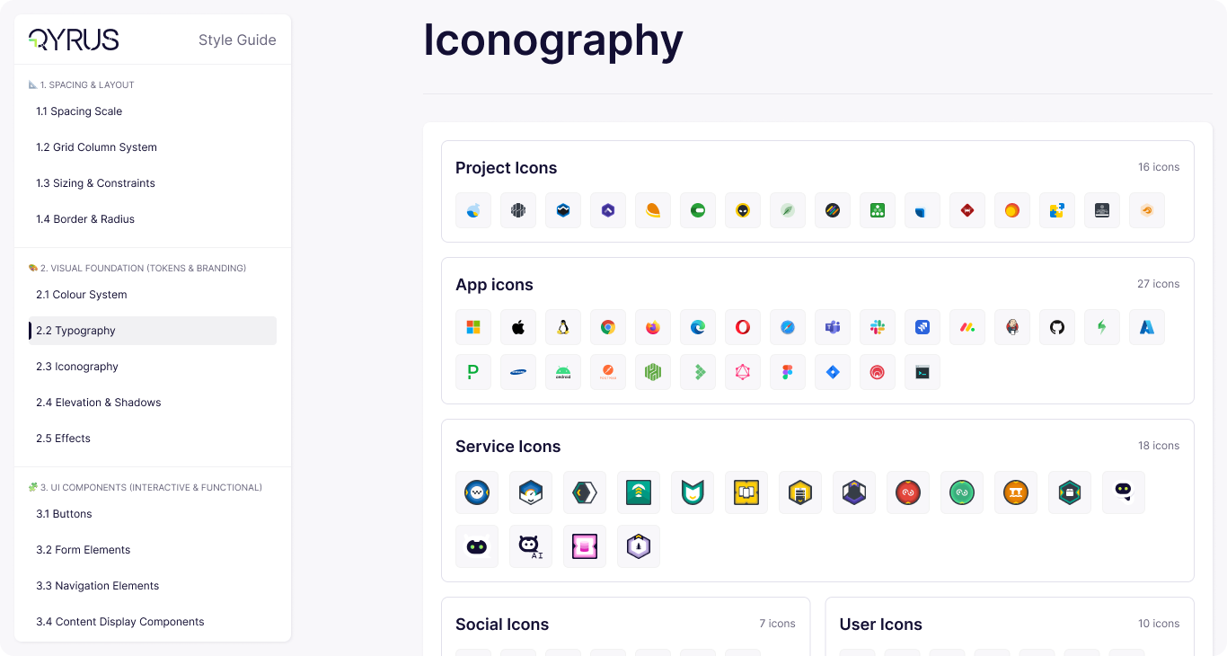 Qyrus Style Guide iconography library grouped into project, app, service, social, and user icon sets
