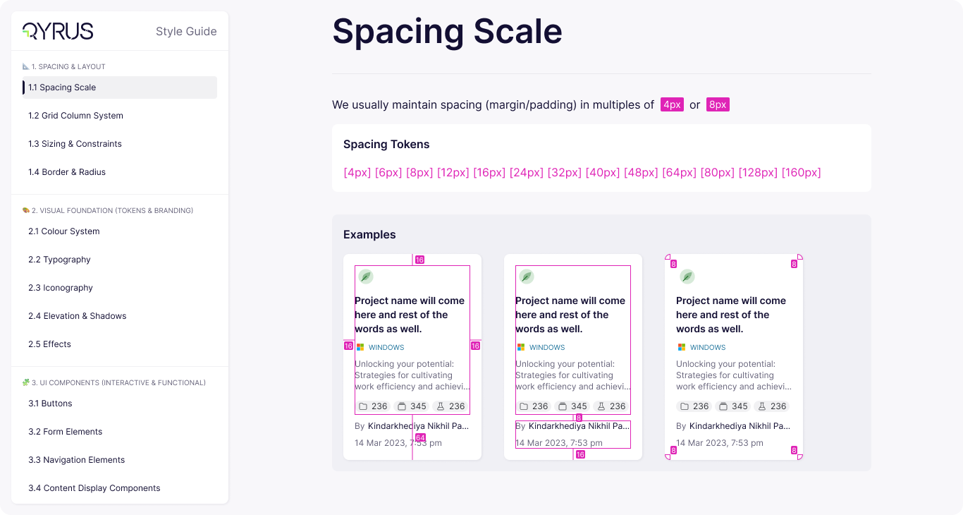 Qyrus Style Guide spacing scale documentation showing 4px and 8px multiples from 4px to 160px