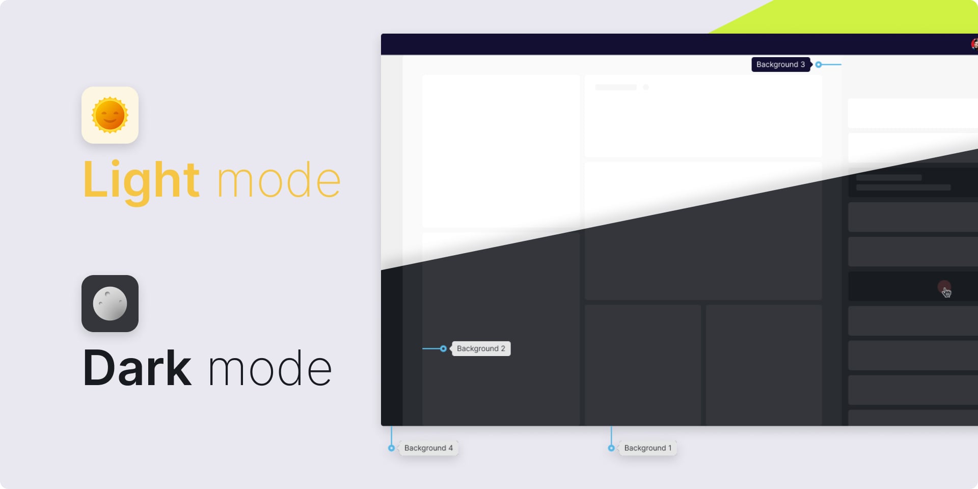 Qyrus Style Guide light mode and dark mode cover slide split diagonally across a product screen