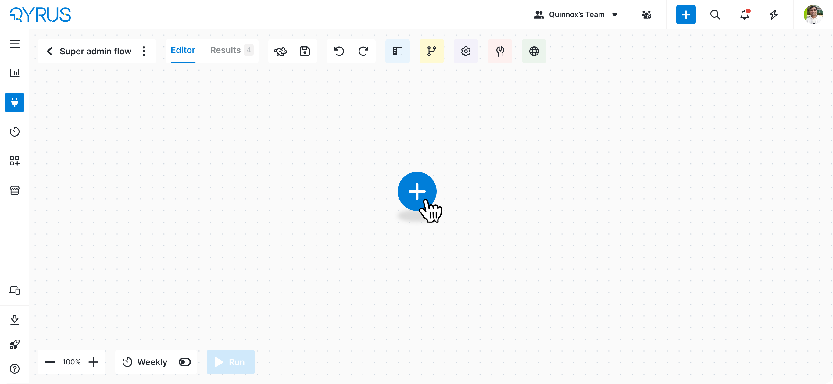 Empty wireframe of a workflow editor canvas named Super admin flow, with only an add-node button on a dotted grid