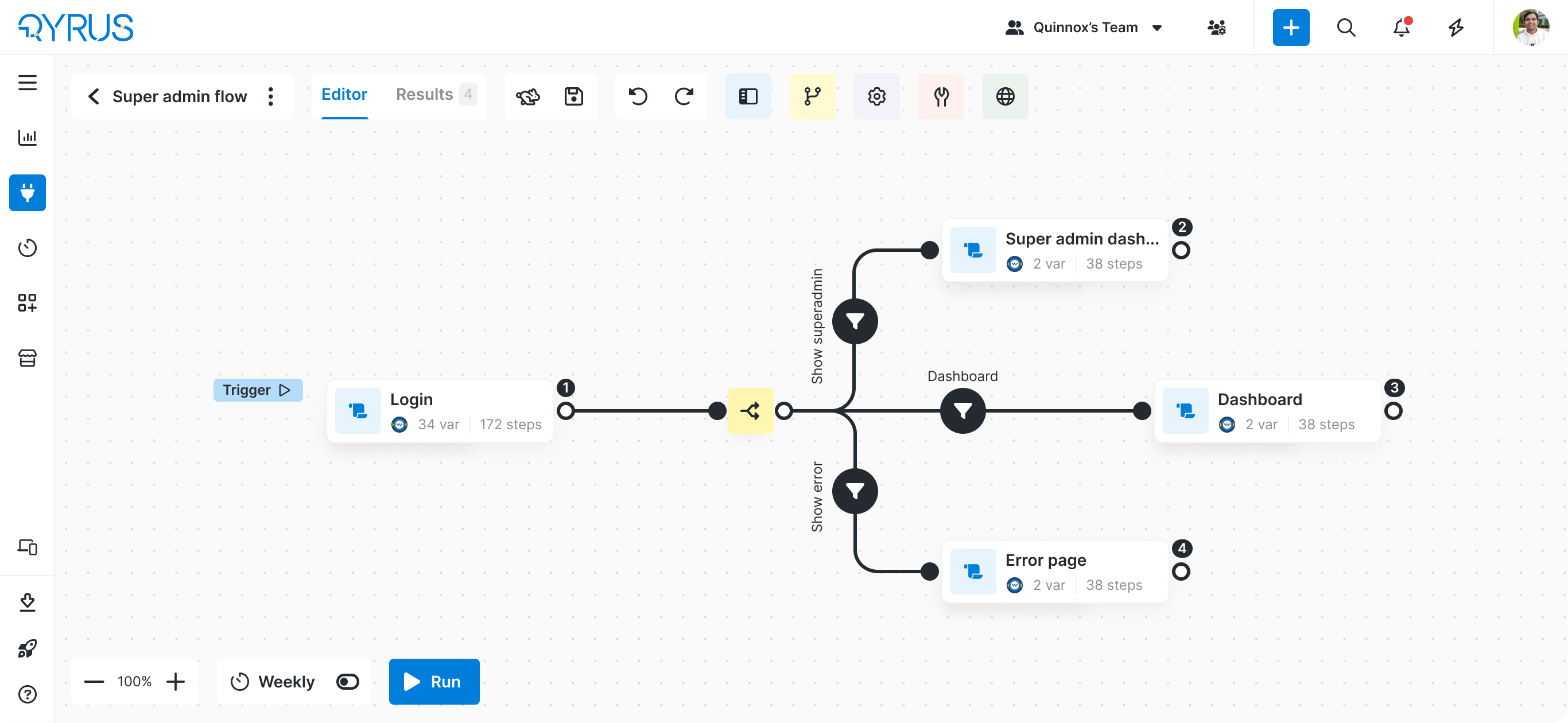 Wireframe of a workflow editor showing a Login node feeding a condition node that branches to a Super admin dashboard node or an Error page node, with the branches labelled Show superadmin and Show error