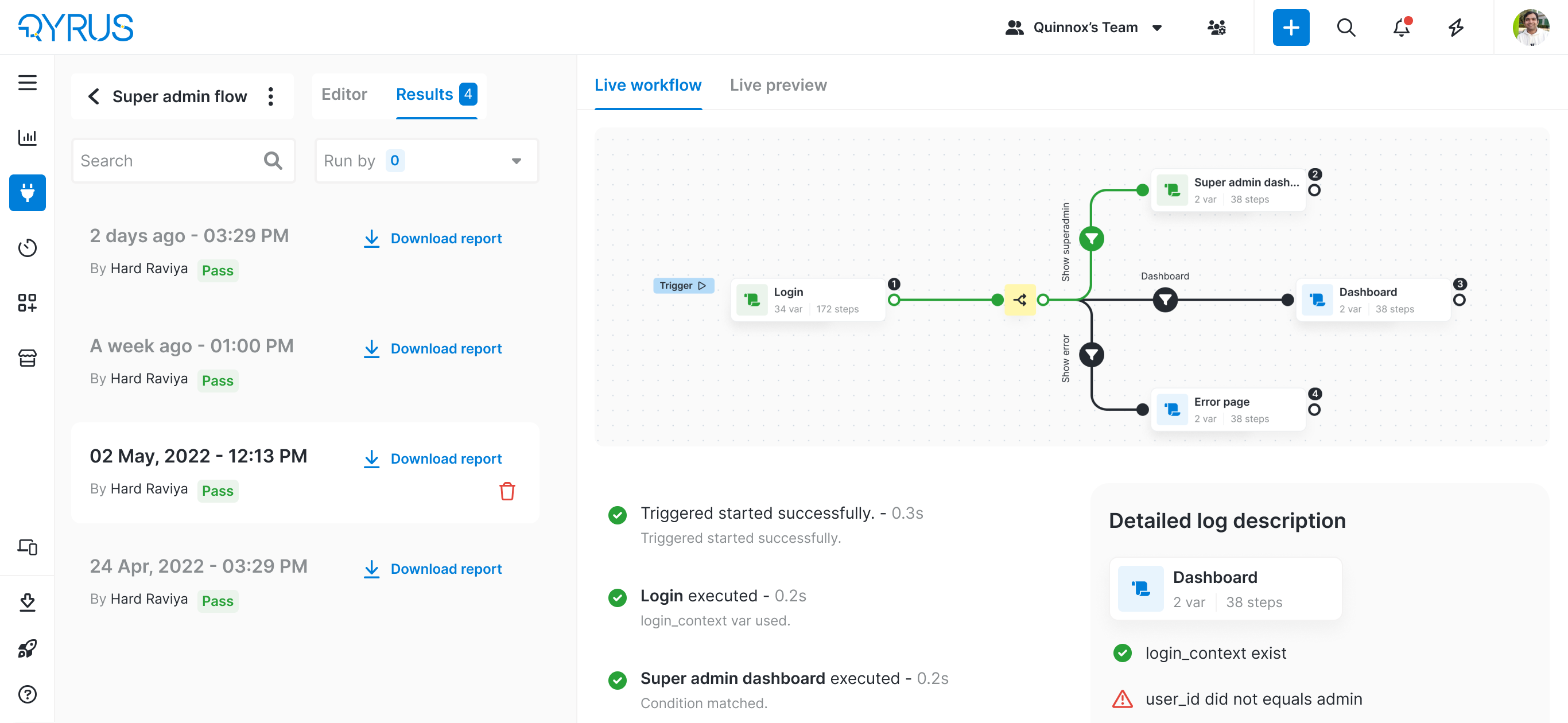 Wireframe of a Results tab showing a live workflow diagram beside a step-by-step execution log with pass and fail markers