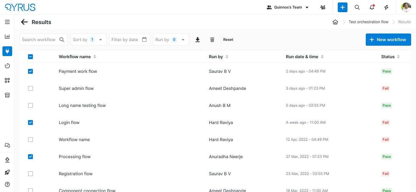 Wireframe of a Results table listing workflow runs with the run-by owner, run date and time, and a pass or fail status column