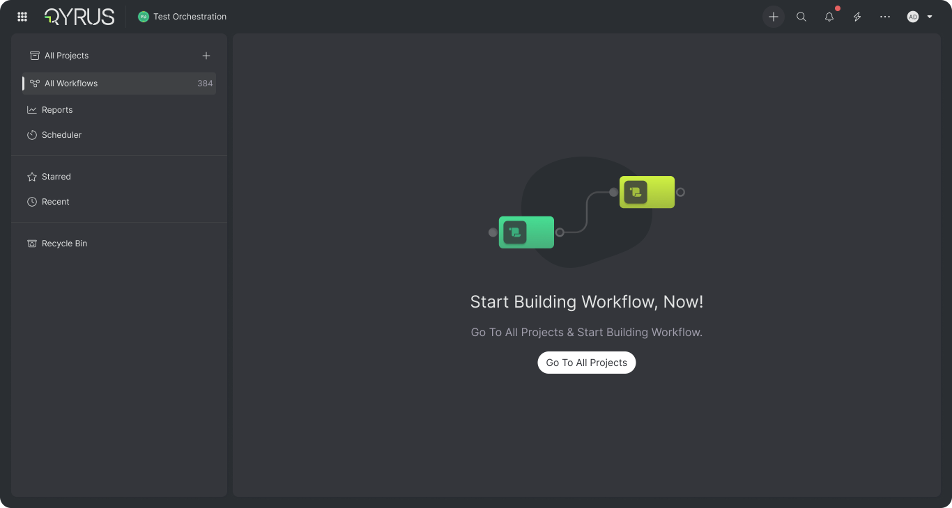 Empty workflows screen reading Start Building Workflow, Now! with a Go To All Projects button