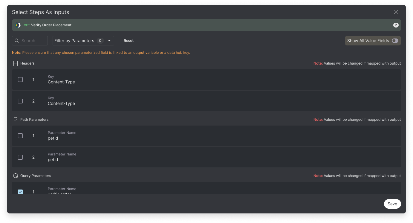 Select Steps As Inputs dialog for an API request, grouped into Headers, Path Parameters, and Query Parameters