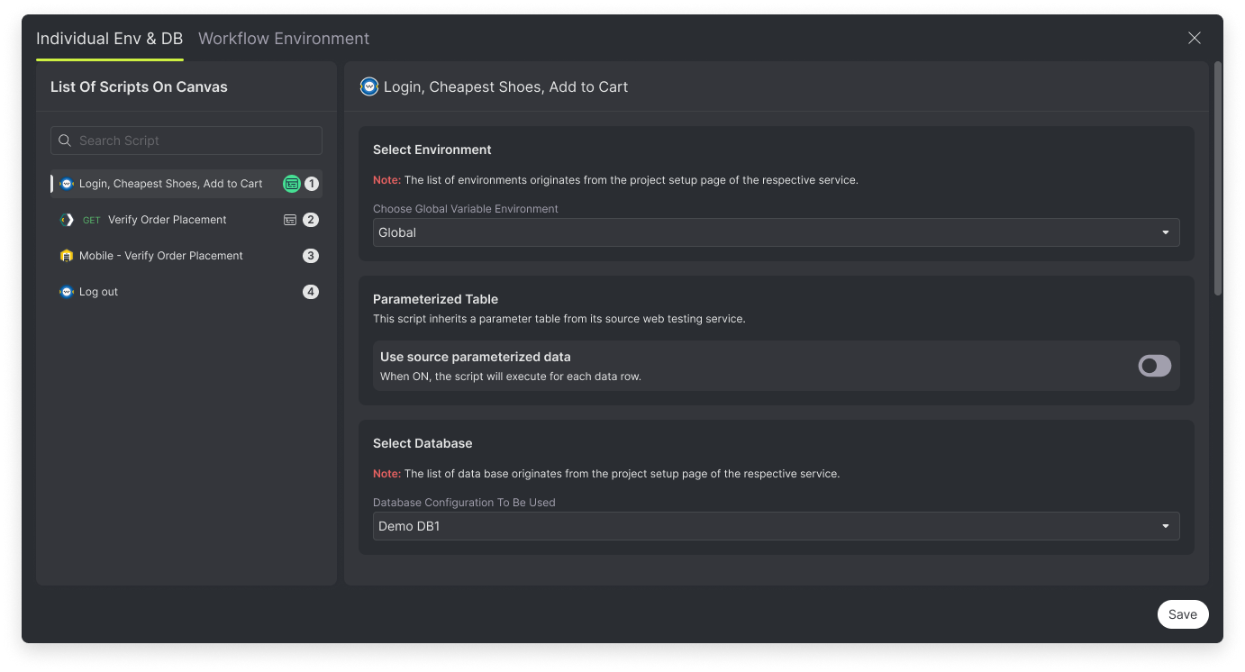 Individual Env and DB dialog listing the workflow's scripts in execution order beside environment, parameterized-table, and database settings for the selected script