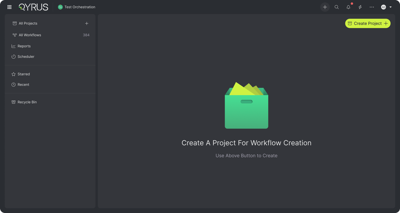 Empty projects screen reading Create A Project For Workflow Creation with the Create Project button highlighted