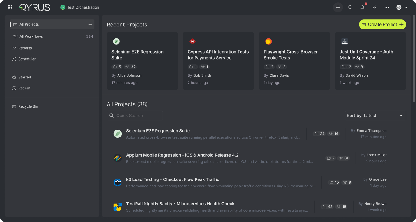 Test Orchestration projects workspace with recent project cards, a searchable list of all projects, and a left rail for workflows, reports, and scheduler