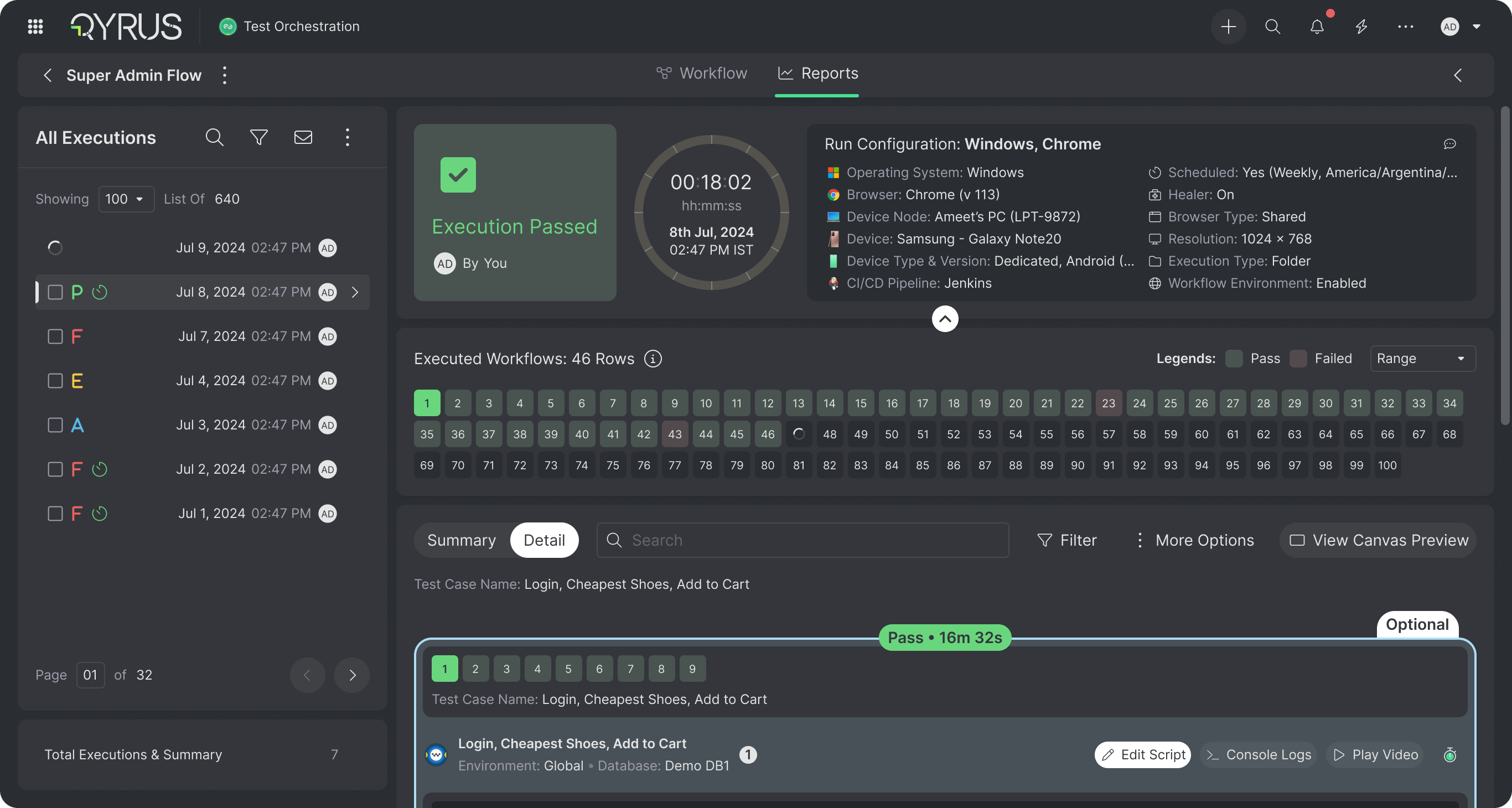 Test Orchestration execution report showing Execution Passed, run duration, full run configuration, a grid of 46 executed workflow rows, and per-test-case detail below