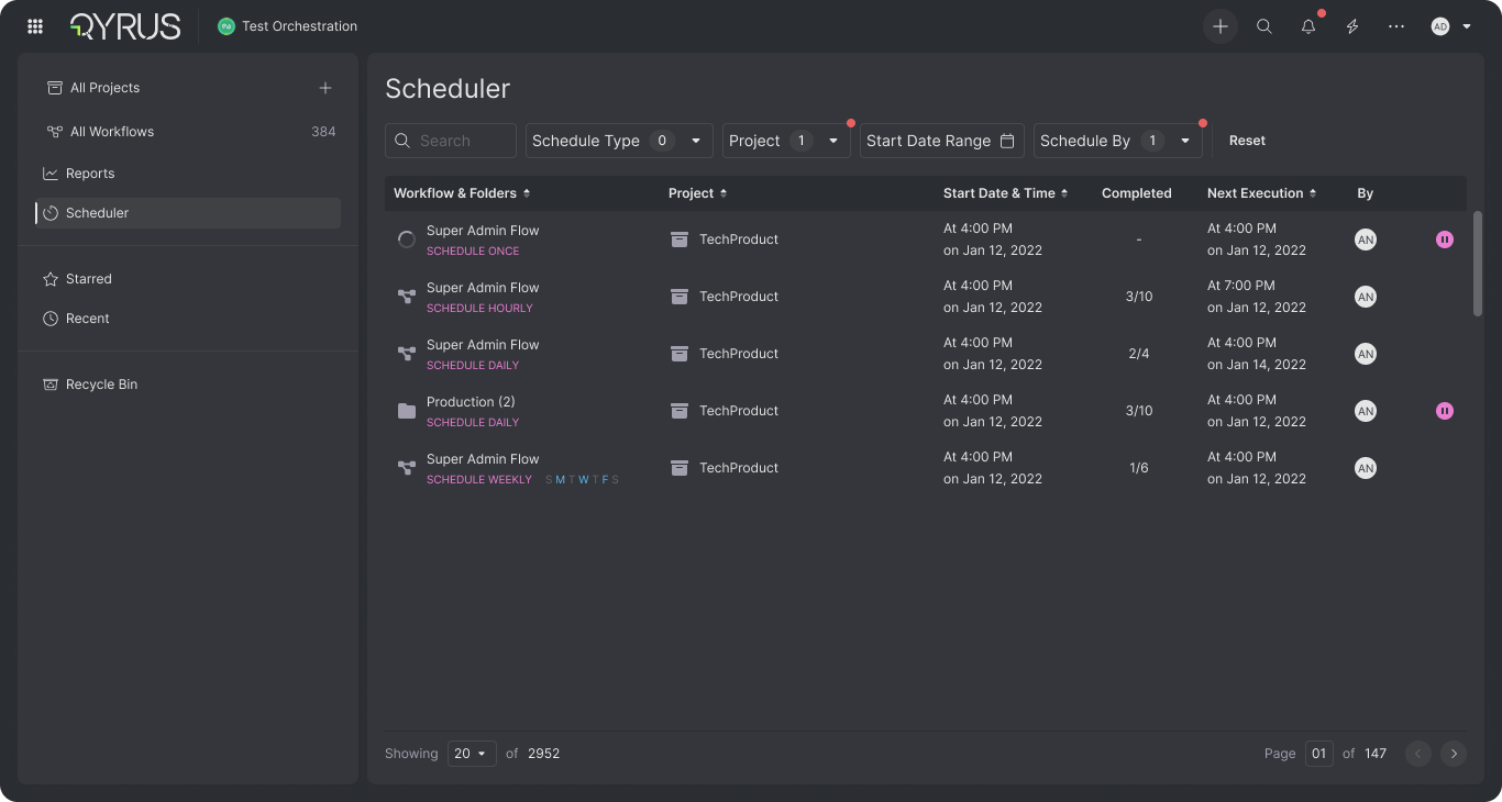 Test Orchestration Scheduler listing scheduled workflows and folders with their cadence, start time, completed run count, next execution, owner, and pause control
