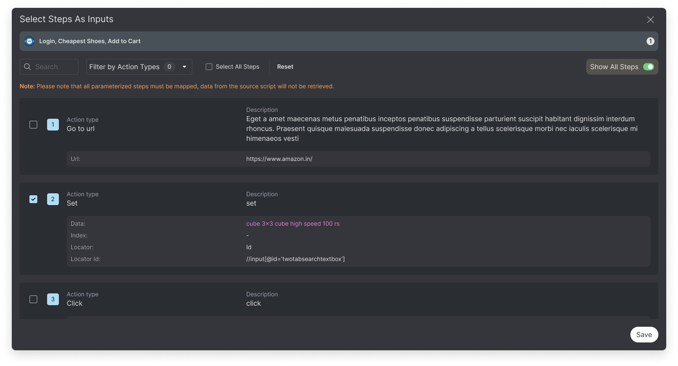 Select Steps As Inputs dialog for a Web script listing numbered actions such as Go to url, Set, and Click with their descriptions, URLs, and locators